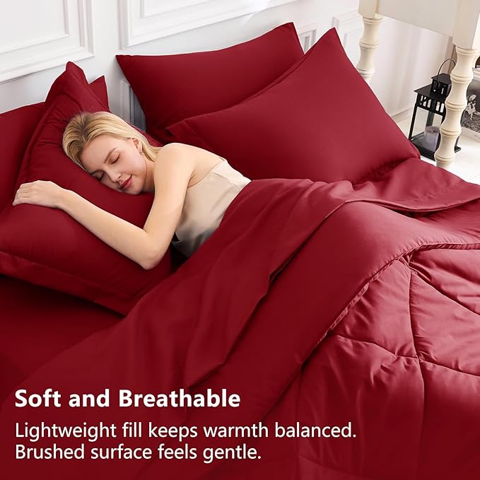 CozyLux Queen Comforter Set Dark Red - Bed in a Bag Queen Size 7 Pieces Luxury Soft Bed Set for All Seasons Bedding Set with Down Alternative Comforter Sheets Pillowcases &amp Shams
