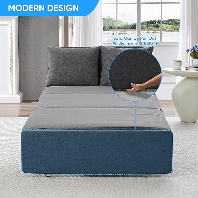Mjkone 43 W Twin Size Pull Out Sofa Bed Chair 2-in-1 Modern Pull Out Linen Futon Sleeper Sofa Couch Revesible Couch Bed with Throw Pillows for Small Place Apartment Living Room Office (Dark Gray)