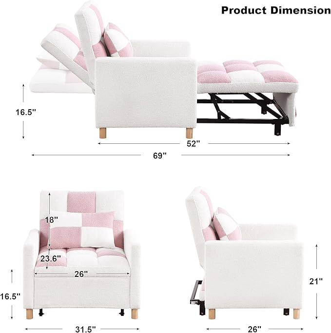 Sleeper Chair Bed Multi-Functional Convertible Chair Sleeper Teddy Fabric Adjustable Single Pull Out Sofa Bed with Lumbar for Apartment BedroomOfficeLiving Room (Beige&ampPink)