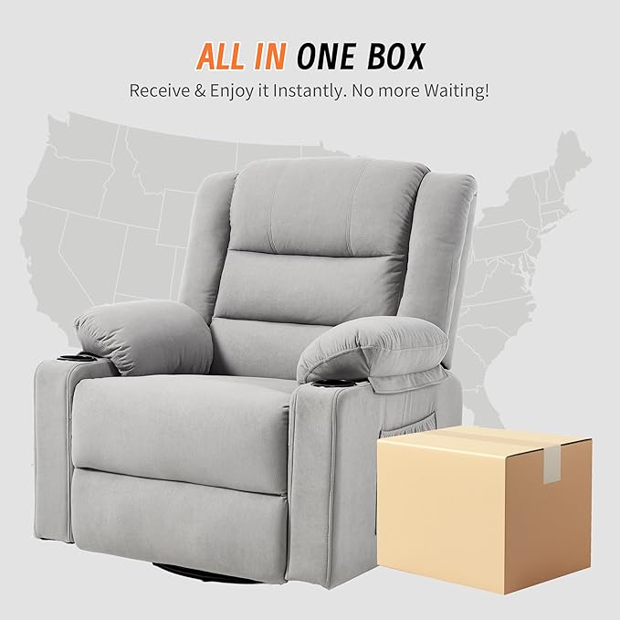 360°Swivel Rocker Recliner Chair for AdultsManual Glider Recliner Sofa with Massage and Heating Nursery Rocking Chairs with Cup Holds for Living Room Bedroom (Light Grey)