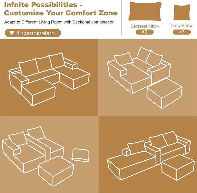 108 Sectional Couches for Living Room Cloud Couch Sofa with L-Shape Upholstered Boneless Couchs Modern Modular Sectional Couch with Chaise (Camel 108 Right Facing Chaise+2Seaters+1Ottoman)