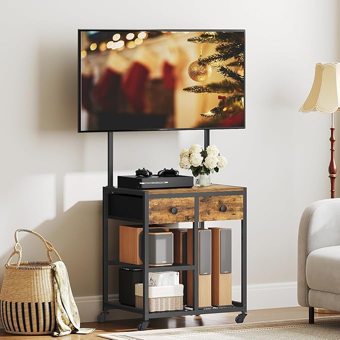 TV Stand with Mount Corner TV Stand with Wheels for TVs up to 50 Inches Rolling Entertainment Center Small TV Stands for Living Room Meeting Room Bedroom Rustic Brown DS08BR