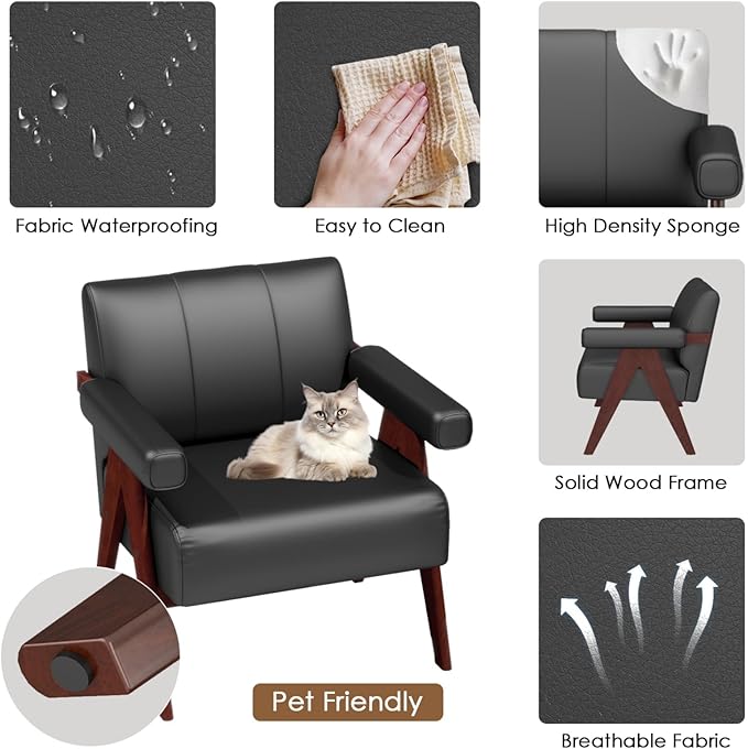 STHOUYN Black Leather Accent Chairs Set of 2 Mid Century Modern Accent Chair Side Arm Chairs for Living Room Office Guest Waiting Room Chairs (2 Black)