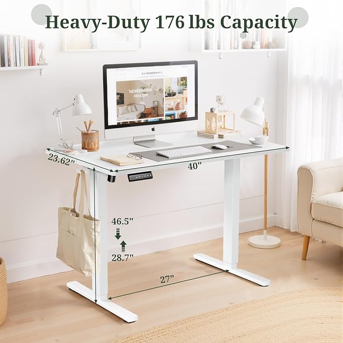 40 x 24 in Electric Standing Desk - Memory Height Adjustable Ergonomic Sit-to-Stand Rising Computer Table Gaming Workstations with 2 Hooks and Wire Hole for Home Office White