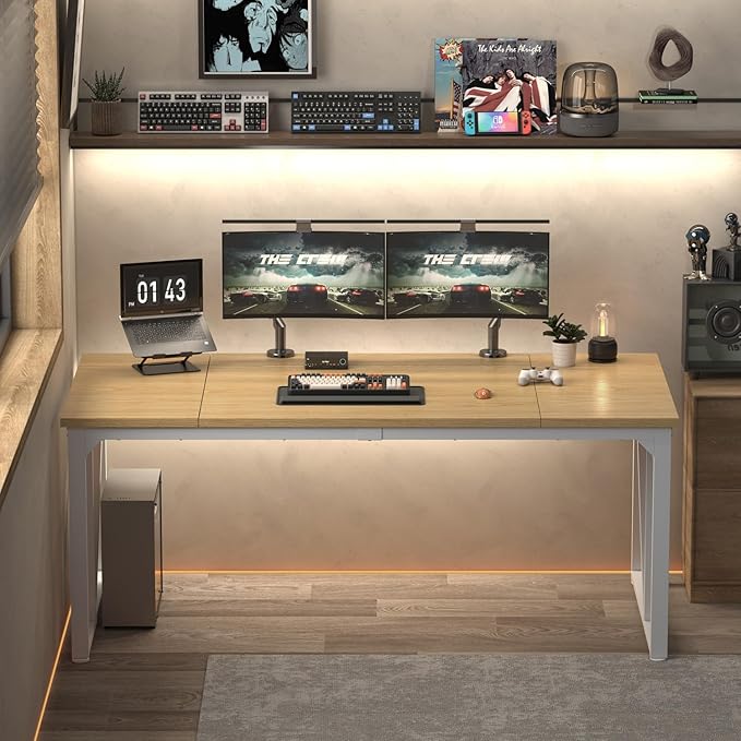 70 Computer Desks Large Wooden Home Office Desk with Thicker Tabletop and Metal Frame Writing Work Computer Study Table Desk for Home and Office Easy Assembly (Natural + White Metal Frame)