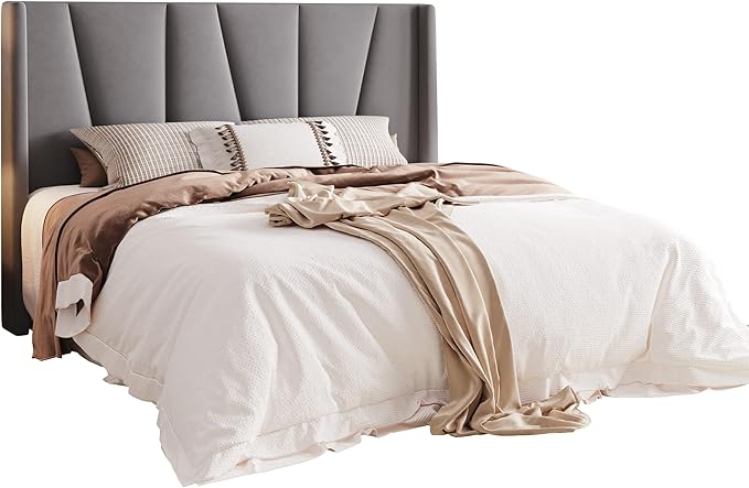 Allewie Queen Size Platform Velvet Bed Frame with Geometric Wingback Headboard Boho Upholstered Bed with Wooden Slats Support No Box Spring Needed Easy Assembly Light Grey