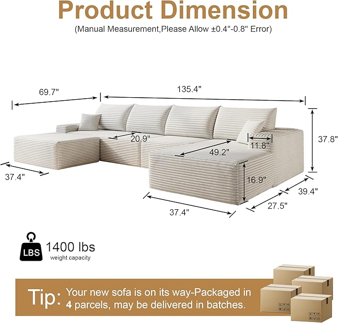 136 Sectional Couches for Living Room Cloud Couch Sofa with L-Shape Upholstered Boneless Couchs Modern Modular Sectional Couch with Chaise (White 136 Right Facing Chaise+3Seaters+Ottoman)