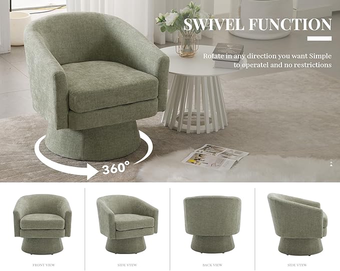 Modern Green Swivel Accent Chair Upholstered Chenille Barrel Chair Boucle Vanity Reading Chair Cozy Round Single Sofa Arm Chair Club Side Chairs for Bedroom/Waiting/Living Room