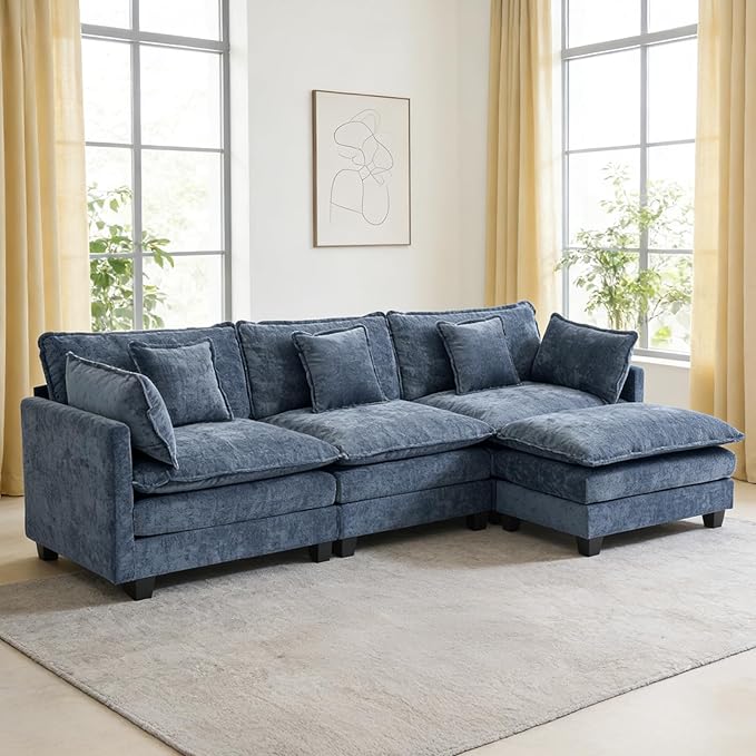Redlife 133 Modular Sectional 3-Seater Sofa with Ottoman Chenille Couch Set with Spring &amp Double Foam Cushion System Removable Covers Easy to Assembly Blue