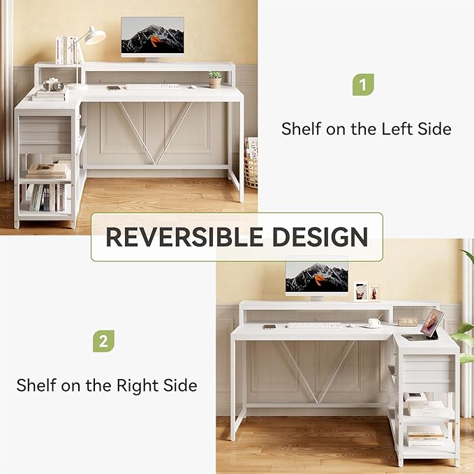 LITTLE TREE 55-Inch L-Shaped Computer Desk Reversible Computer Desk with Drawers and Storage Shelves Corner Desk Gaming Desk Work Desk for Home Office White
