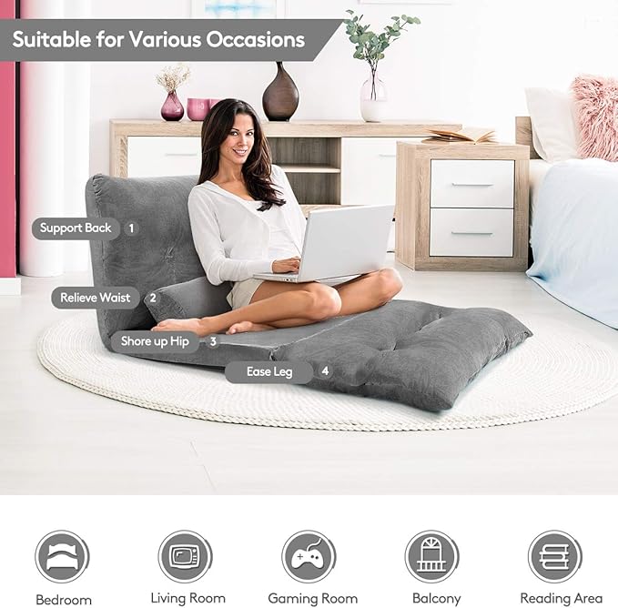 Giantex Adjustable Floor Sofa Couch with 2 Pillows Multi-Functional 6-Position Foldable Lazy Sofa Sleeper Bed Multi-Functional Suede Floor Seating Sofa for Reading Gaming (Gray)