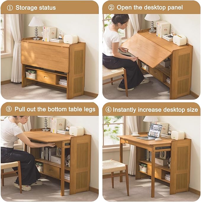 Bamboo Folding Desk with Bookshelf &amp Drawer Small Foldable Computer Table Wooden Space Saving Desks for Home Bedroom Study Office (Natural 30.3″x27″x30.3″)