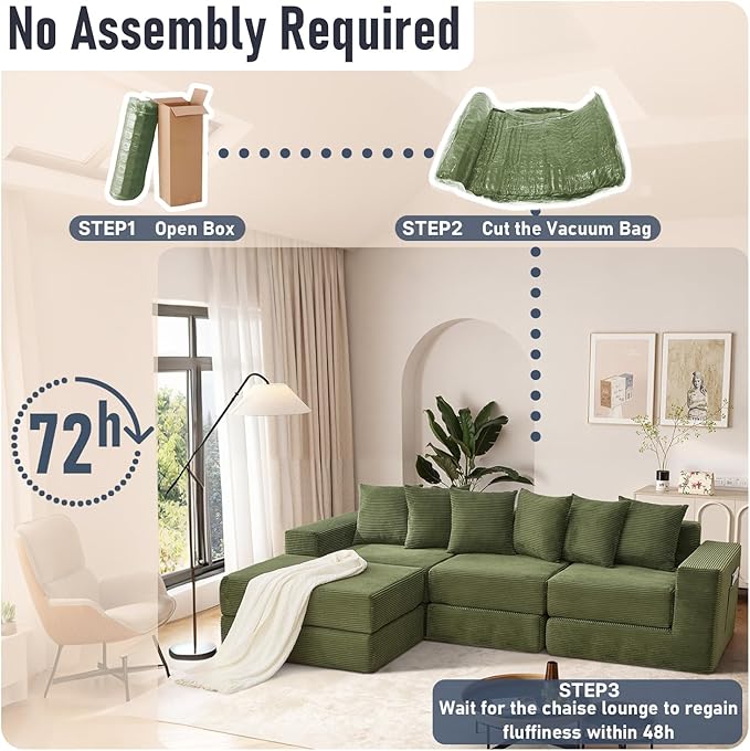 102 Upgraded L-shaped Modular Sectional Couches for Living Room Convertible Oversized Sleeper Sofa Bed-Luxury 1.5 Queen Bed. 11-in-1 Multifunctional Corduroy Boneless Folding Futon Couch Green.