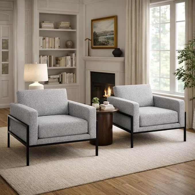 HomePop Modern Metal Frame Accent Chair|Homepop Home Décor|Accent Chairs for Living Room &amp Bedroom - Sustainable Gray Woven