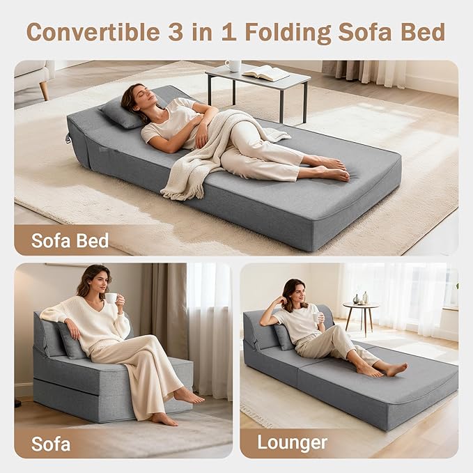 BeBen Folding Sofa Bed Chair Convertible Sleeper Chair Futon Couch Foldable Boneless Floor Lounger Sofa Twin Foam Chair Bed for Small Spaces Dorm Guest Room Living Room Apartment Grey