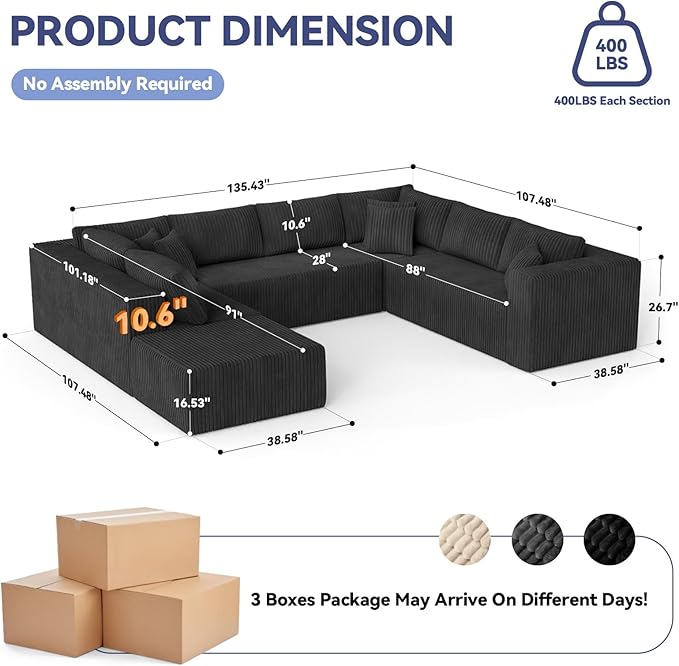 135 U Shaped Boneless Couch Oversized Boneless Sectional Couches for Living Room Large Modular Sofa with Ottoman Plush Corduroy Couch with Deep Seat Chaise No Assembly Black