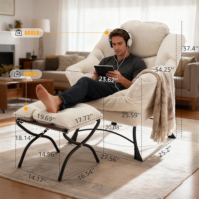 Oversized Lazy Chair with Ottoman for Adults Chair and Ottoman Set Modern Skinny Lounge Chair with Footrest Wide Reading Chair for Living Room Comfy Accent Armchair for Small Spaces White