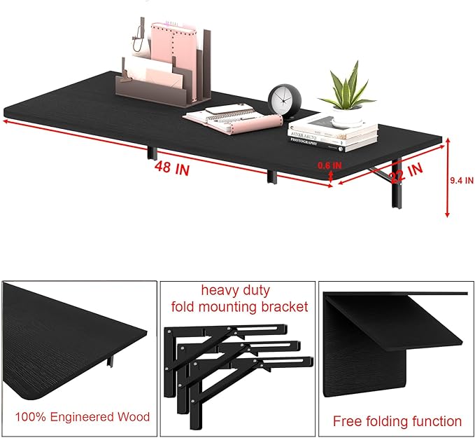 IAE 48 x 22 Floating Foldable DeskWall-Mounted Folding Computer Table with Engineered WoodStudy Table with Shelf BracketsFold Down ShelfFold Computer Desk for Small ApartmentHolds 500 lbBlack