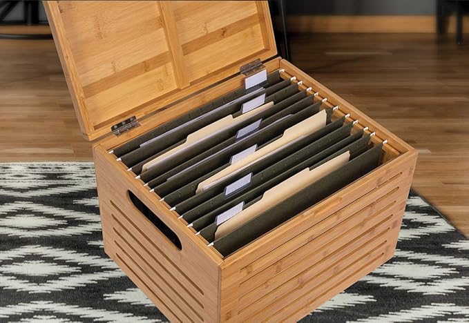 BIRDROCK HOME Rolling File Storage Organizer Box with Lid (New Version) - Bamboo Decorative Wood Hanging File Box for Letter/Legal Documents Binders Blankets - Durable Office Organizer - Natural