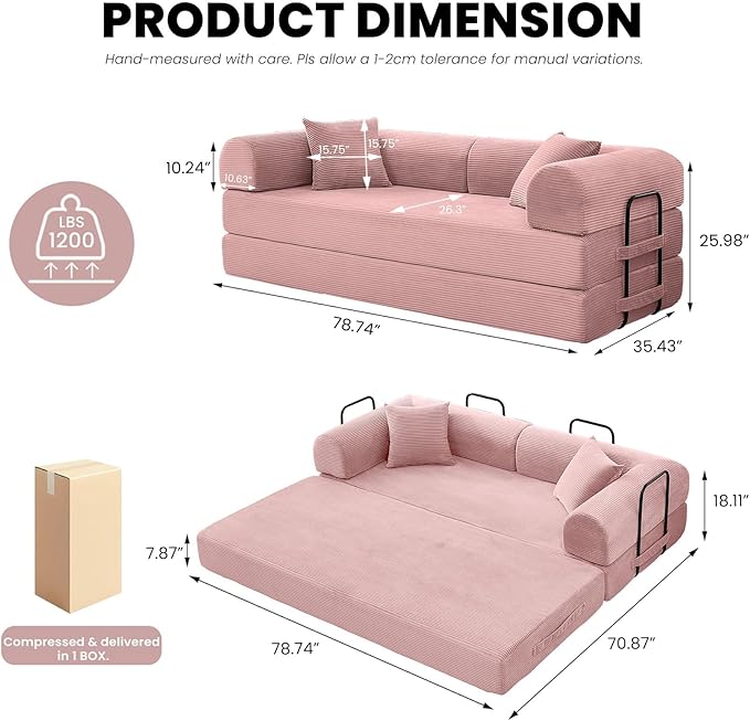79 Convertible Sofa Bed 5-in-1 Modular Folding Boneless Couch Pull Out Floor Sleeper Cozy Lounger for Living Room or Bedroom Multi-Purpose Foldable Sofa (Pink)