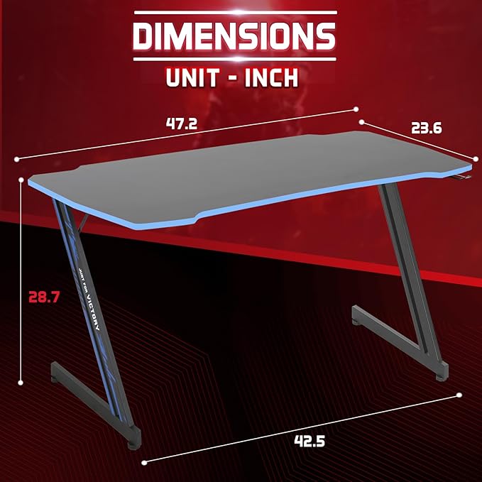 NChanmar Gaming Desk Z Shaped 47 Inch Computer Desk Home Office Desk Standing Desk for Studying Ergonomic PC Gamer Desk for Working Gaming Table Desk with Headphone Hook Blue nc6754