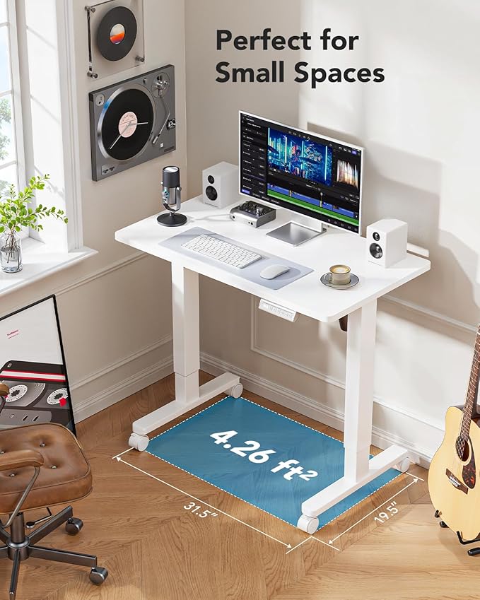 HUANUO Electric Small Standing Desk 35 x 20 Whole Piece Desktop Adjustable Height Computer Desk 4 Height Memory Settings Sit Stand Up Desk for Home Office White