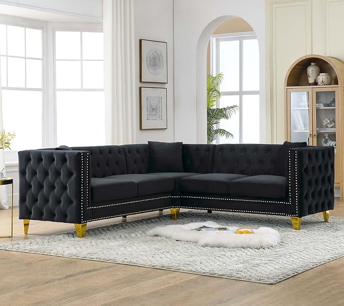 Antetek L Shaped Couches for Living Room Modern Button Tufted Velvet Sofa Couch with Square Armrests Inlaid with Gold Nail Heads Upholstered Corner Sofas for Living Room Office Apartment Black
