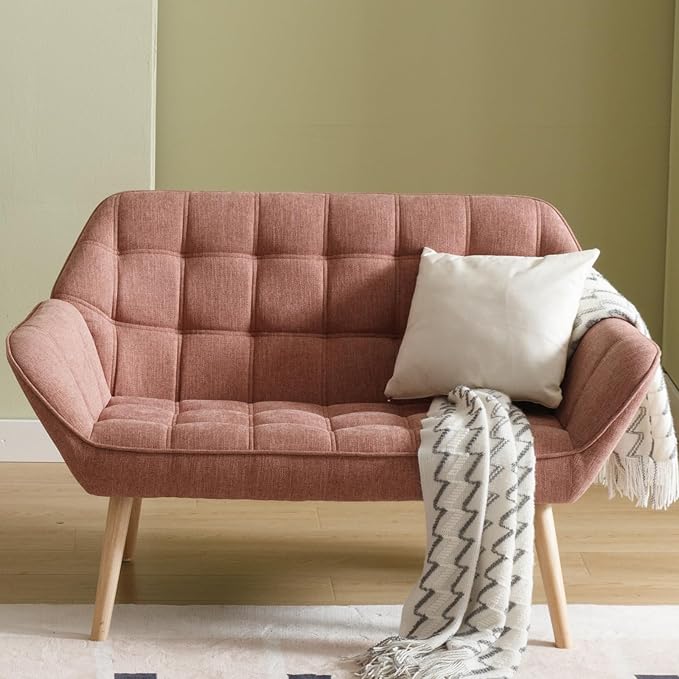48”Small Loveseat Sofa Modern Linen Upholstered Mini Couch 2-Seater Fluffy Love Seat with Quilting Backs and Wood Legs for Small Space Living Room Bedroom Pink