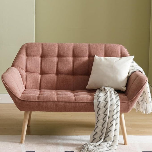 48”Small Loveseat Sofa Modern Linen Upholstered Mini Couch 2-Seater Fluffy Love Seat with Quilting Backs and Wood Legs for Small Space Living Room Bedroom Pink