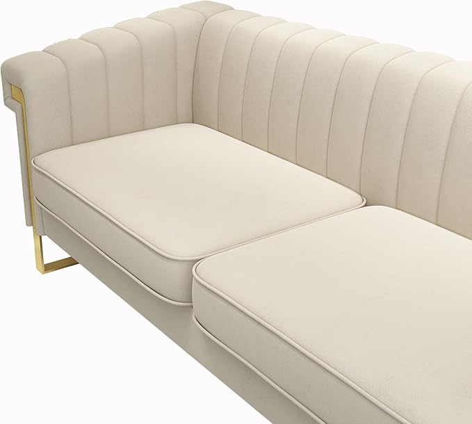 Mid-Century Modern Beige Velvet Sofa with Gold Metal Legs 83.86 Luxury Chesterfield Comfy Cream Couches for Living Room (Velvet Beige)