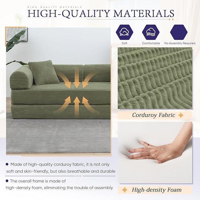 Convertible Folding Sofa Bed Corduroy Sleeper Mattress Couch with Fixed-Shape Frame Free Combination Loveseat Lounge Floor Sofa Queen Size Memory Foam Couch for Living Room Bedroom Light Green
