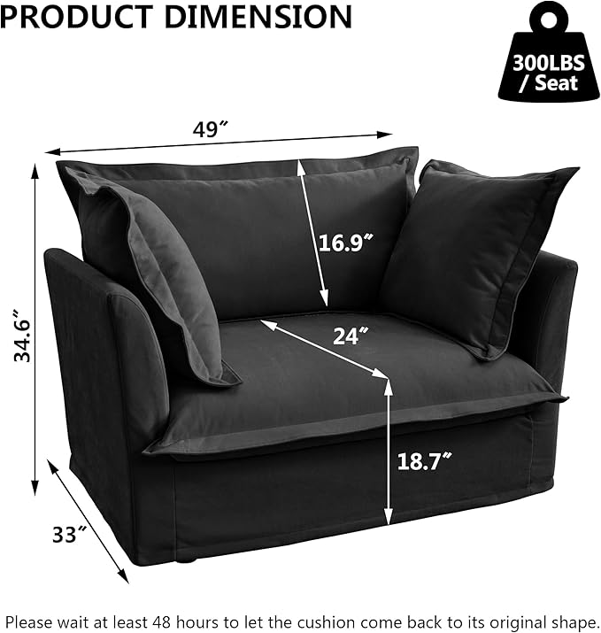Aoowow Oversized Modular Sectional Sofa Chair Set of 2 49” Chenille Fabric Single Armchair Comfy Deep Seat Couch Sofa with Big Toss Pillows for Living Room Apartment Office(Black-Chenille)