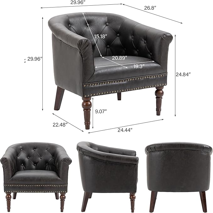 Accent Chair Upholstered Faux Leather Barrel Chair with Nailed Trim Comfy Club Armchair for Reading Living Room Bedroom Waiting Room (Coffee Set of 1)