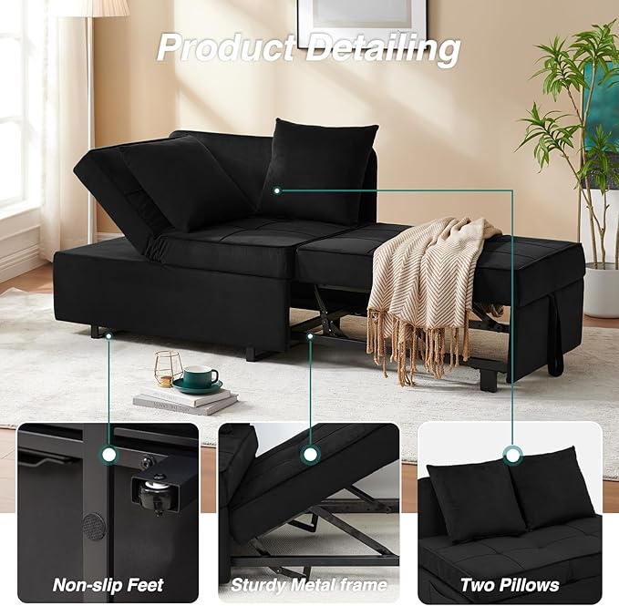 Sleeper Sofa Bed Convertible 4-in-1 Pull Out Couch with 5 Adjustable Backrest Modern Velvet Sofa with USB Ports &amp Storage Pocket (Includes Pillow) for Living Room BedroomApartment Black