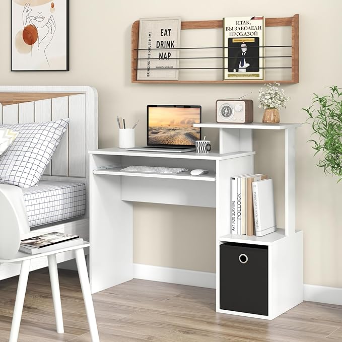 Tangkula Computer Desk with Fabric Drawer &amp Keyboard Tray Space-Saving Study Writing Desk with Open Storage Shelves &amp Printer Stand Modern Home Office Computer Workstation for Small Spaces (