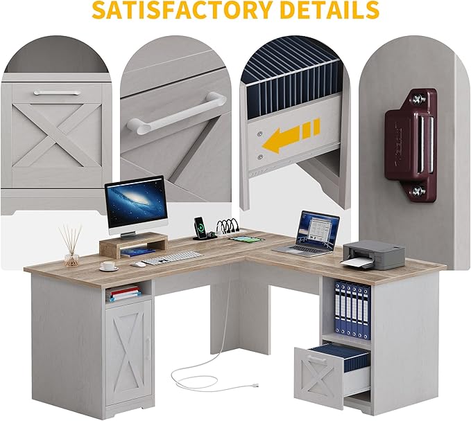 DWVO L Shaped Desk with File Drawer 60 Corner Computer Desk with Power Outlets Home Office Desk with Monitor Stand &amp Storage Shelves &amp File Cabinet Grey Wash