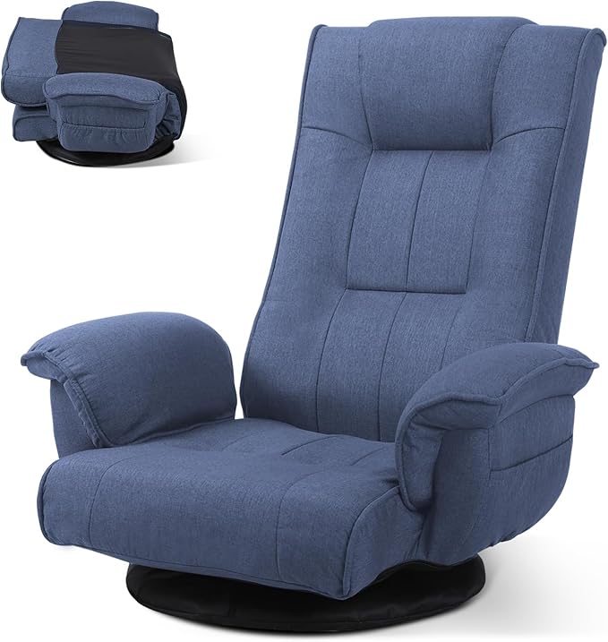 Linen Fabric Ergonomic Gaming Chair 6-Position Reclining Sofa Bed with Lumbar Support Foldable Floor Lounger with Thick Cushion Armrests &amp Side Pockets for Esports Reading Napping (Blue)