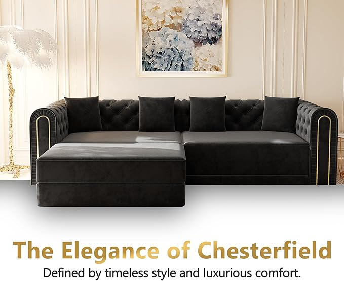 90.6'' Velvet Foldable Sofa Bed 3-in-1 Chesterfield L Shaped Sofa King Pull Out Floor Couch Gold Trim Armrests Extra Deep Couches with 4 Pillows for Living Room Apartment Gold Black