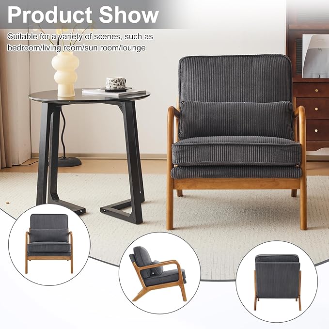 Karl home Mid-Century Modern Accent Chair Living Room Chairs with Pillow Corduroy Upholstered Lounge Armchair with Solid Wood Frame &amp Soft Cushion for Bedroom Reading Room Dark Gray