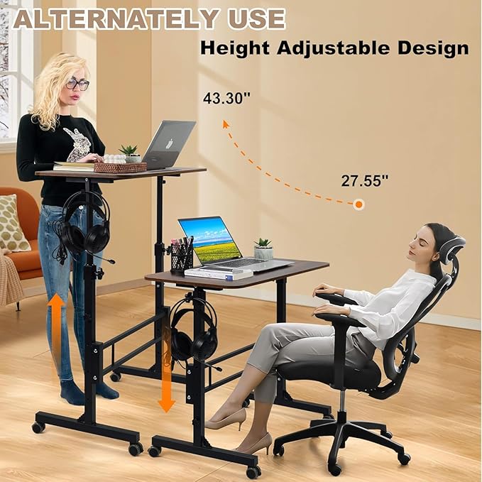 Standing Desk Adjustable Height Rolling Walking Pad Desk Small Mobile Table with Wheels Portable Stand Up Table for Standing or Sitting Size 31.5x15.7 Inch Rustic
