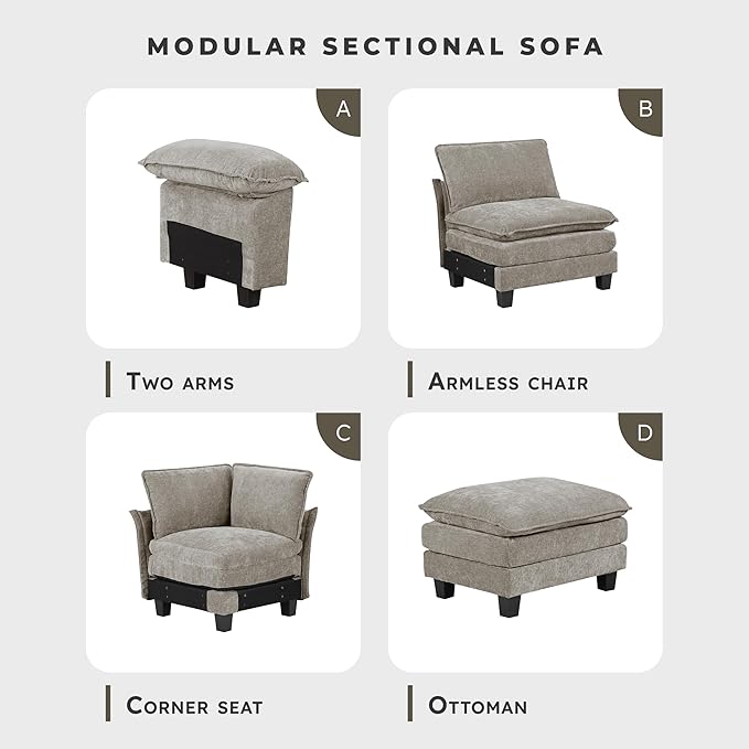 Lexicon Chenille Upholstered Rectangle Ottoman Foot Stool Black Faux Wood Feet Durable Frame Large Padded Modular Sectional Couch Add Ons for Living Room Bedroom Assembly Required Dark Pewter