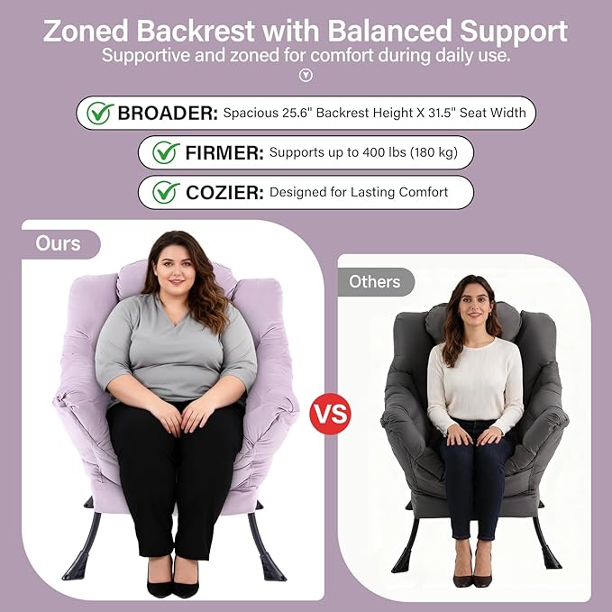 Lazy Chair with Ottoman Modern Accent Chair with Lumbar Pillow Velvet Light Purple Sofa Armchairs with Folding Footrest Oversized Supportive Chairs for Bedroom Reading