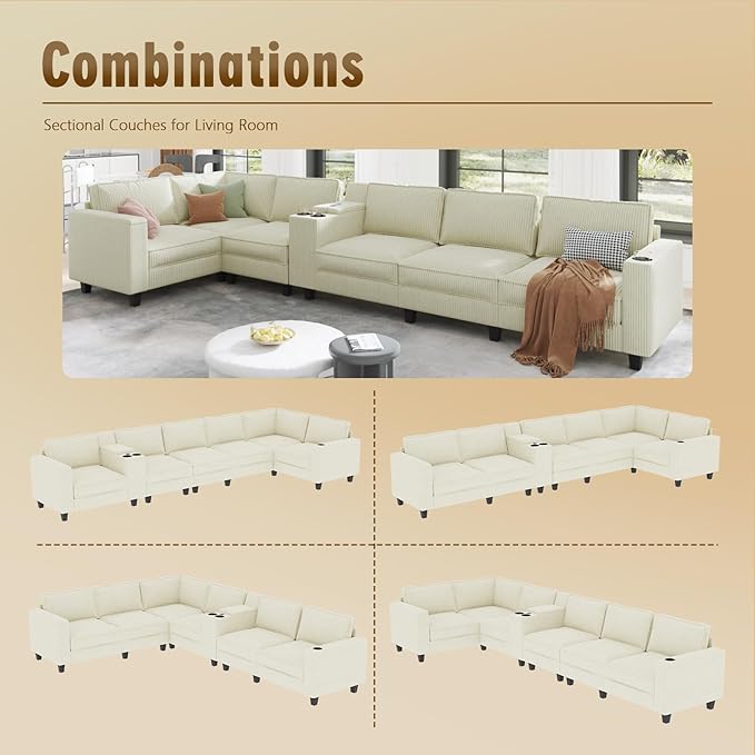 KEIKI 133 L-Shaped Oversized Corduroy Modular Sectional Sofa with Multi Functional Console Convertible 6-Seater Upholstered Couch with USB and 2 Cup Holder Easy Assembly for Living Room Beige