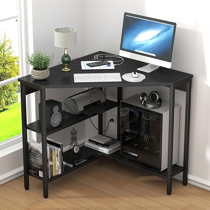 Auromie Corner Desk with Outlets &amp USB Ports 90 Degree Triangle Corner Table with CPU Stand &amp Storage Shelves for Small Space Computer Table with Charging Station for Home Office Bedroom (Bl
