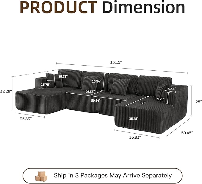 132 U Shaped Sectional Couch Large Modular Cloud Couches with Double Chaise Lounge Comfy Corduroy Cloud Sofa with Pillows Boneless Couches for Living Room Grey
