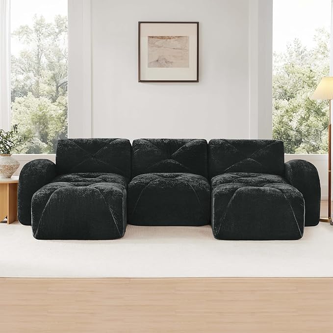 110.6'' Modular U Shaped Sectional Couches for Living Room Modern Velvet Cozy Boneless Sofa with 2 Ottoman No Assembly Required Comfy Couch Black Cloud Boneless Couch in a Box Sofas para Sala