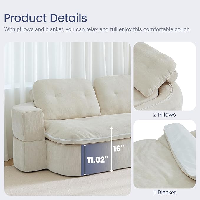 78.74 Convertible Sofa Bed Folding Loveseat Sleeper Sofa 2 in 1 Chenille Floor Couch Bed Foam Compressed Sofa with Pillows &amp Blanket for Living Room Apartment Studio Office (Beige)