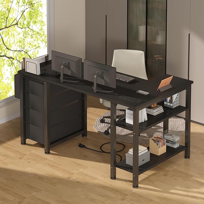 Lufeiya L Shaped Gaming Desk with Power Outlet 47 Inch Reversible Corner Computer Desk with Drawers &amp Storage Shelves for Home Office Bedroom L-Shaped Teen PC Desks with Fabric Drawer Black