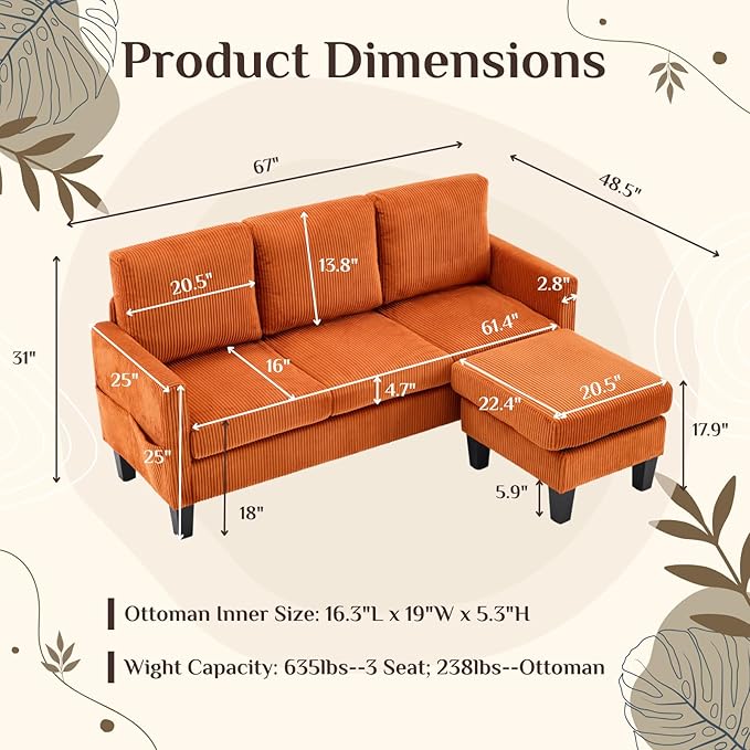 Karl home Small Sectional Couch L Shaped Sofa with Movable Storage Ottoman Corduroy Upholostered Sofa Chaise with Side Pockets for Living Room Apartment Studio Orange