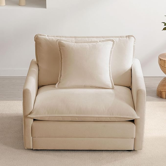 Chenille Oversized Accent Chair - 39 W Big Comfy Reading Chair Modular Cloud Sofa Chair Cozy Armchair for Living Room Bedroom Kids Room Reading Nook Sandy Beige